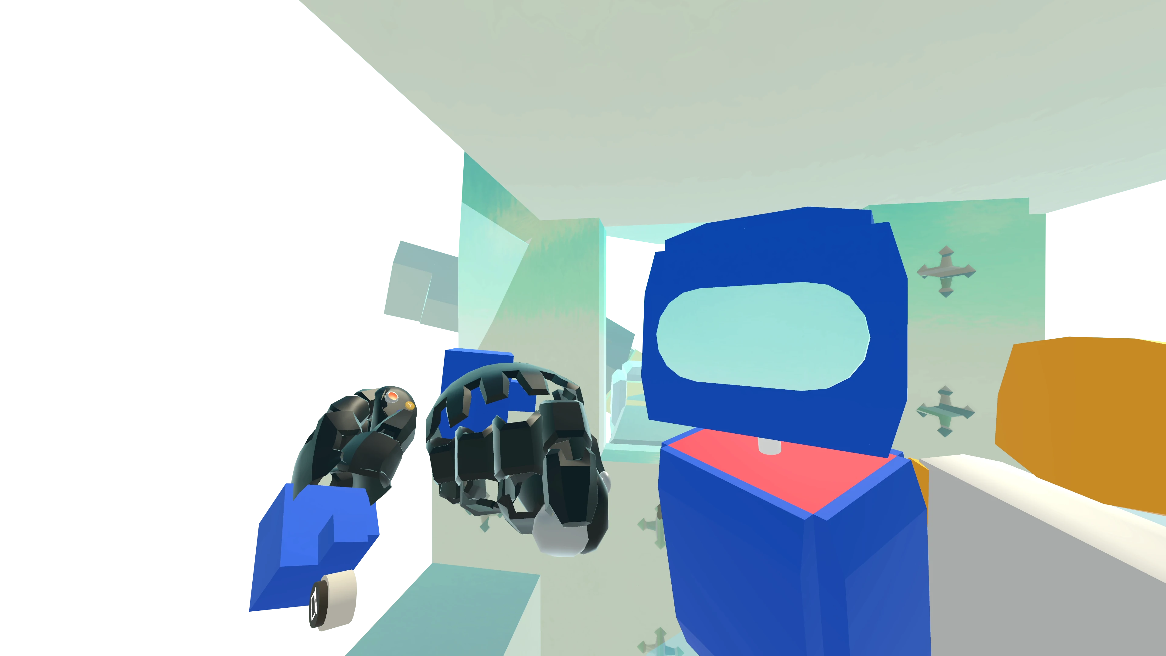 Sumo wresler with red tattoos, blue skirt with wave patterns and cybernetic enchancements on his neck, hands and legs